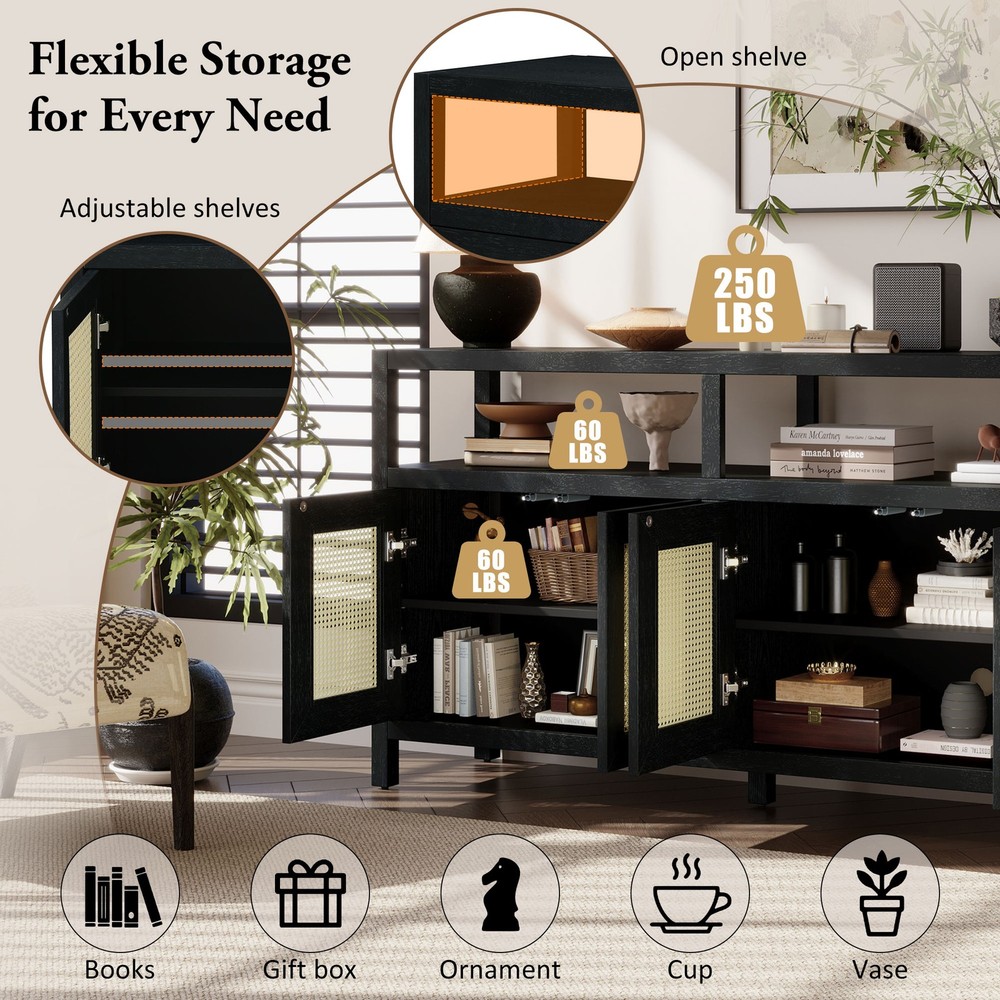 TREXM Bohemian Style Rattan Buffet Storage Cabinet with Solid Wood Frame, Side
