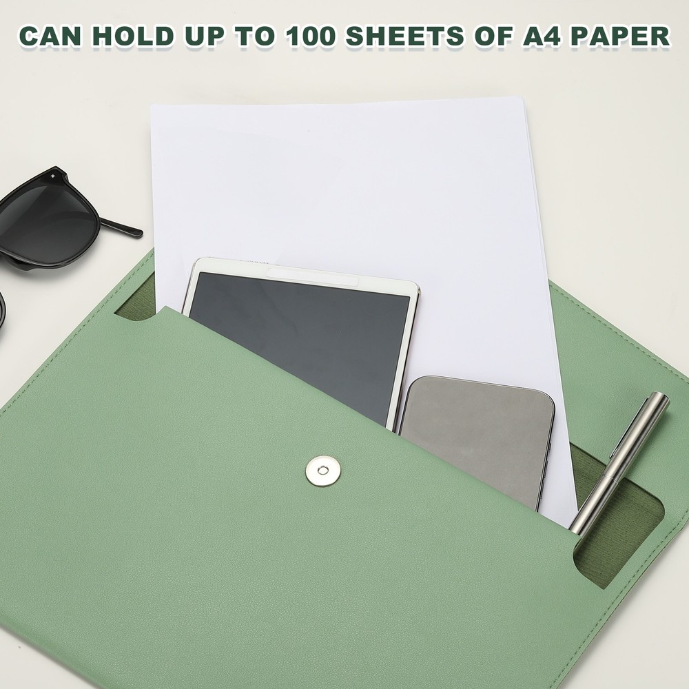 PU Leather A4 File Folder, Document Holder Filing Organizer Style 2, Green