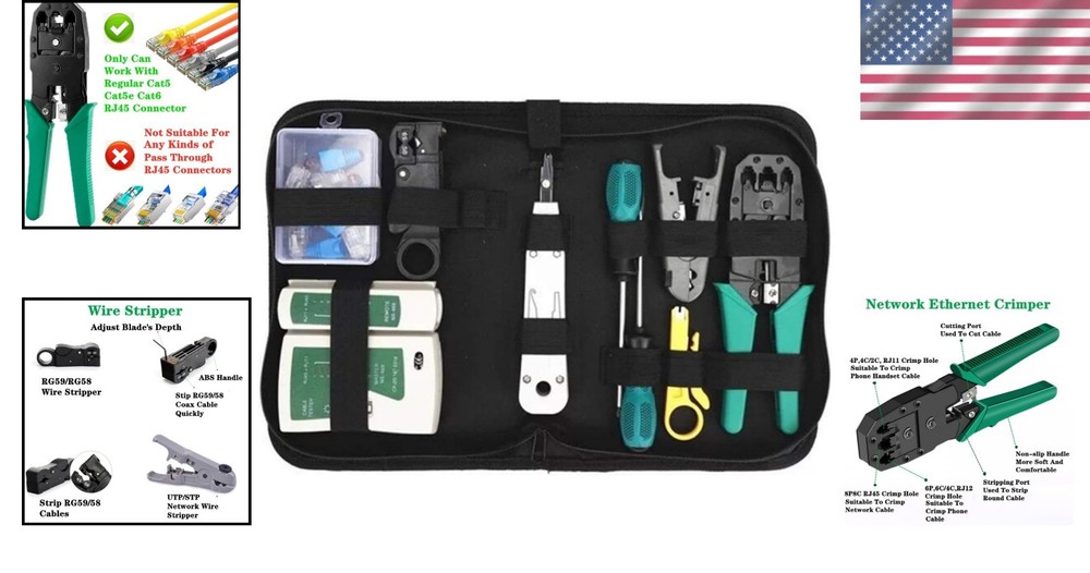 Portable Network Tool Kit with Crimping Tool & Cable Tester - 11 Essential Tools