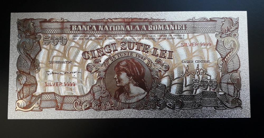 ROMANIA 500 LEI 1947 SILVER PLATED POLYMER BANKNOTE