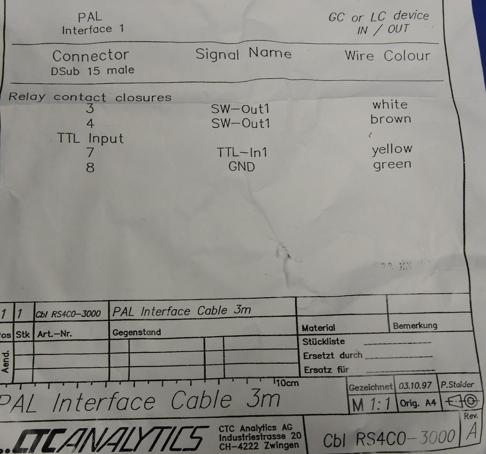 NEW CTC Analytics PAL 3meter 15-Pin Connector Interface Cable Cbl RS4C0-3000