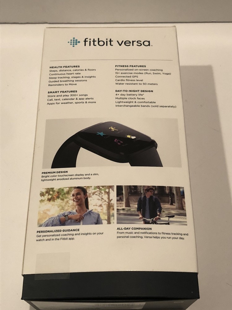 Fitbit Versa Smart Watch, Black/Black Aluminium, Plus White Replacement Band