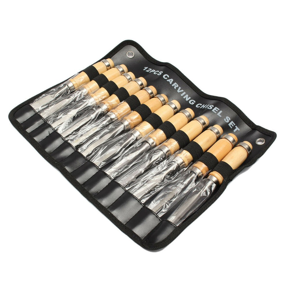 12Pcs Wood Carving Hand Chisel Tool Set Woodworking Professional Steel Gouges