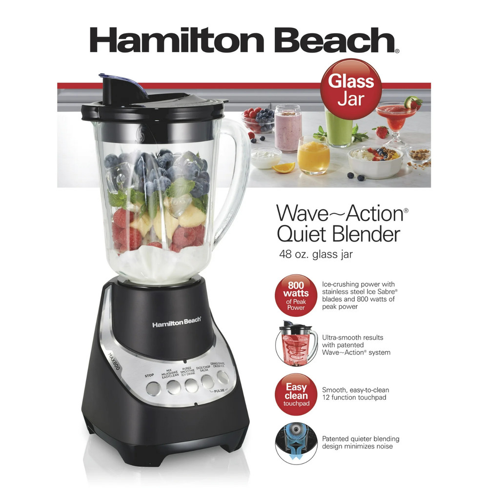 Hamilton Beach Blender 48 oz Glass Jar Wave Action 12 Functions Quiet Smoothie