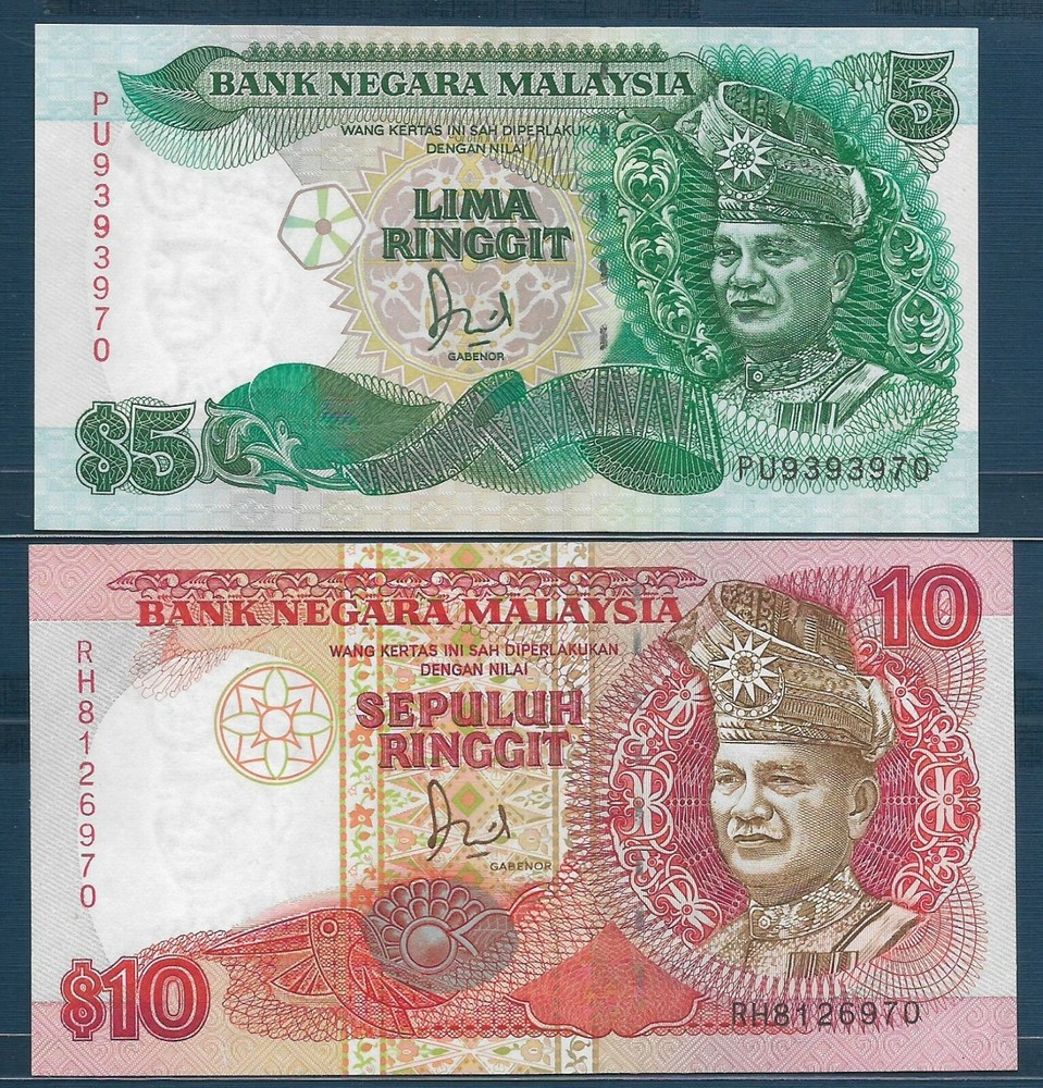 Malaysia 5 10 Ringgit 2 Pcs Lot, 1991 1989, P 28c 29, UNC