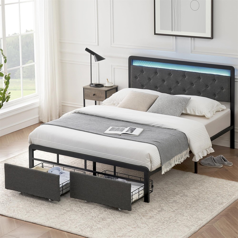 Upholstered Bed Frame with 2 Storage Drawers Queen Bed Frame with LED Lights