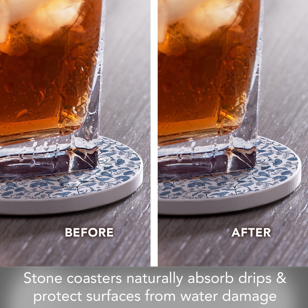 Vintage Flock 4 Pack Round Absorbent Stone Coasters with Protective Cork Backing