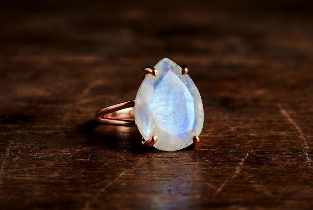 Rainbow Moonstone Ring Anemone 925 Silver Pear Shape Teardrop Gem