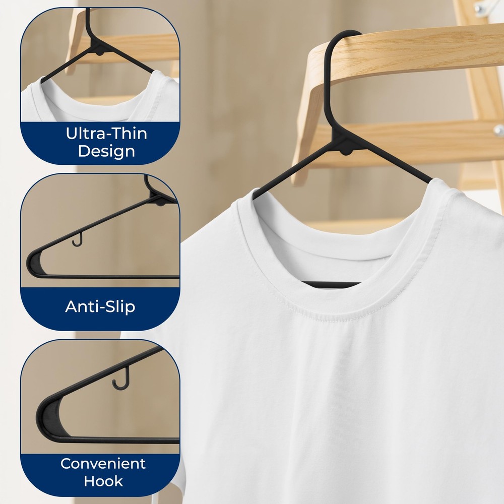 SereneLife 30 Pack Plastic Hangers (Black)
