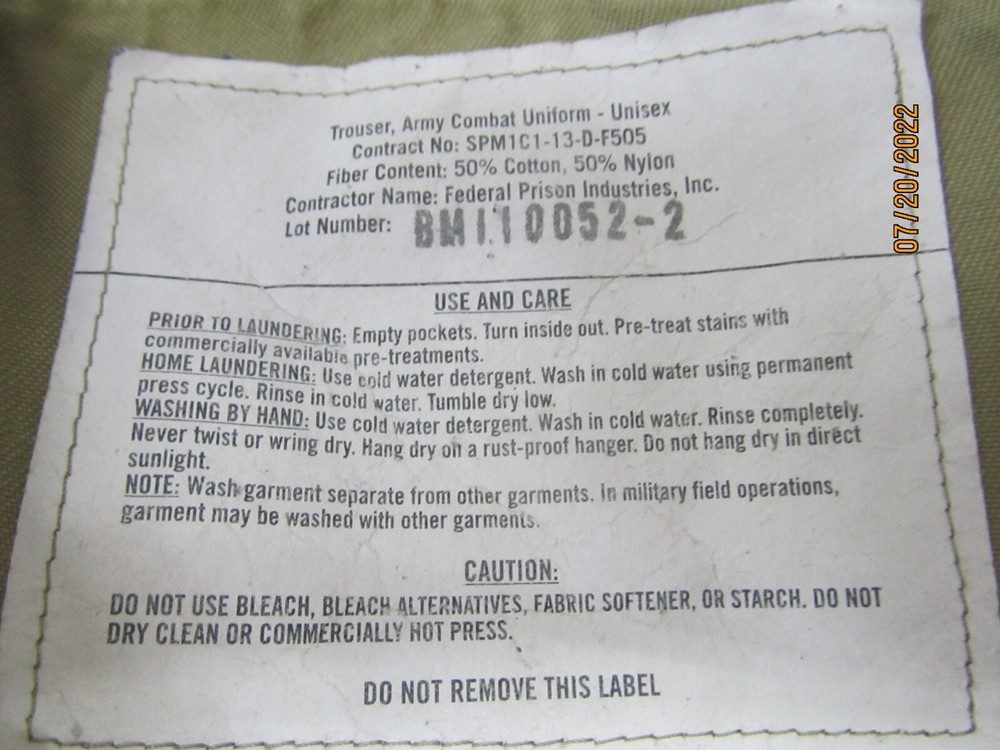 ARMY ISSUE MULTICAM OCP COMBAT PANTS UNIFORM INSECT SHIELD MED LONG 50% cotton/