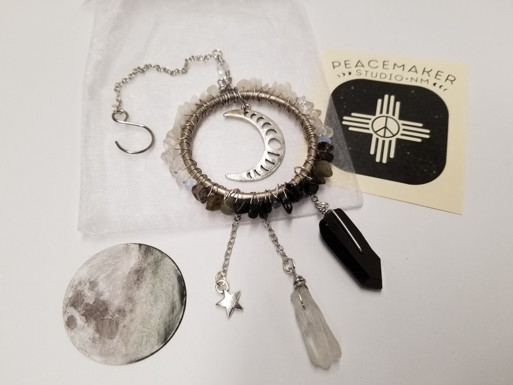 "Moon Phases" Quartz, Moonstone, Opalite, Labradorite, & Obsidian Dreamcatcher