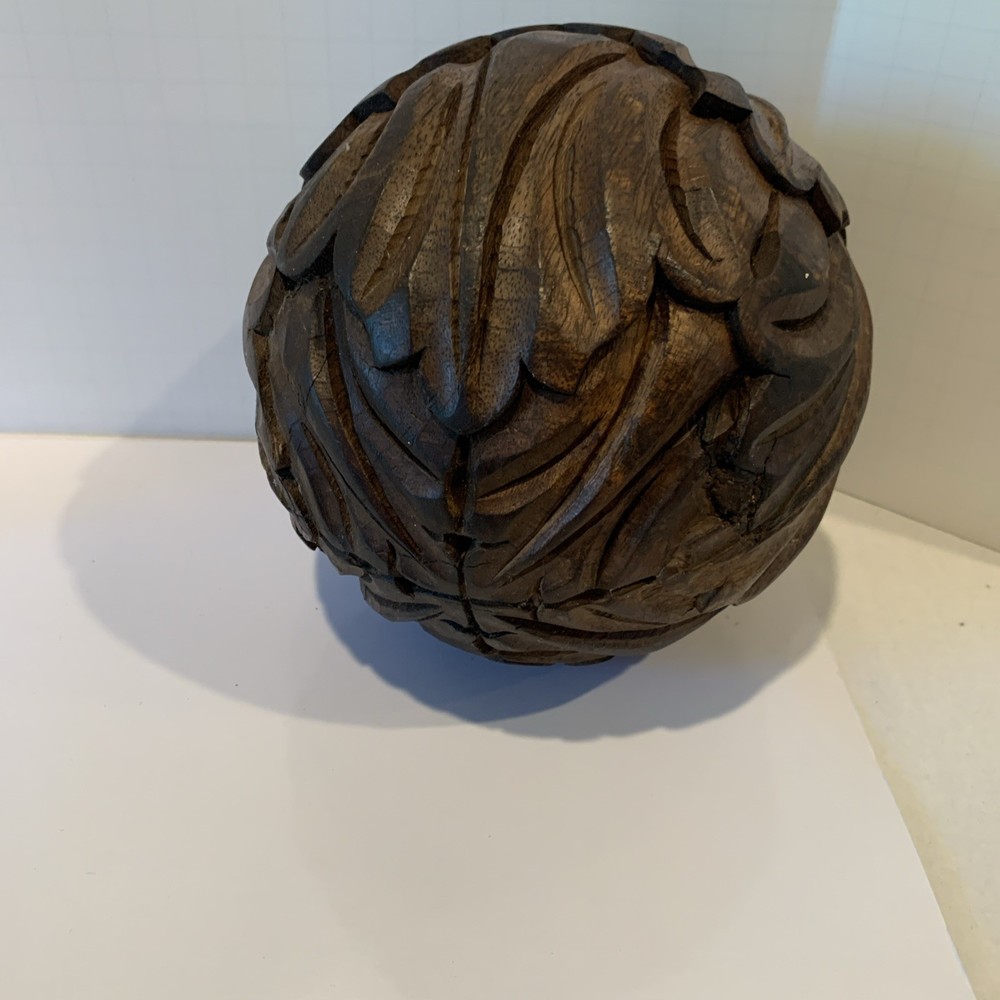 Primitive Hand Carved Solid Wood Sphere 6.5” Diameter Heavy