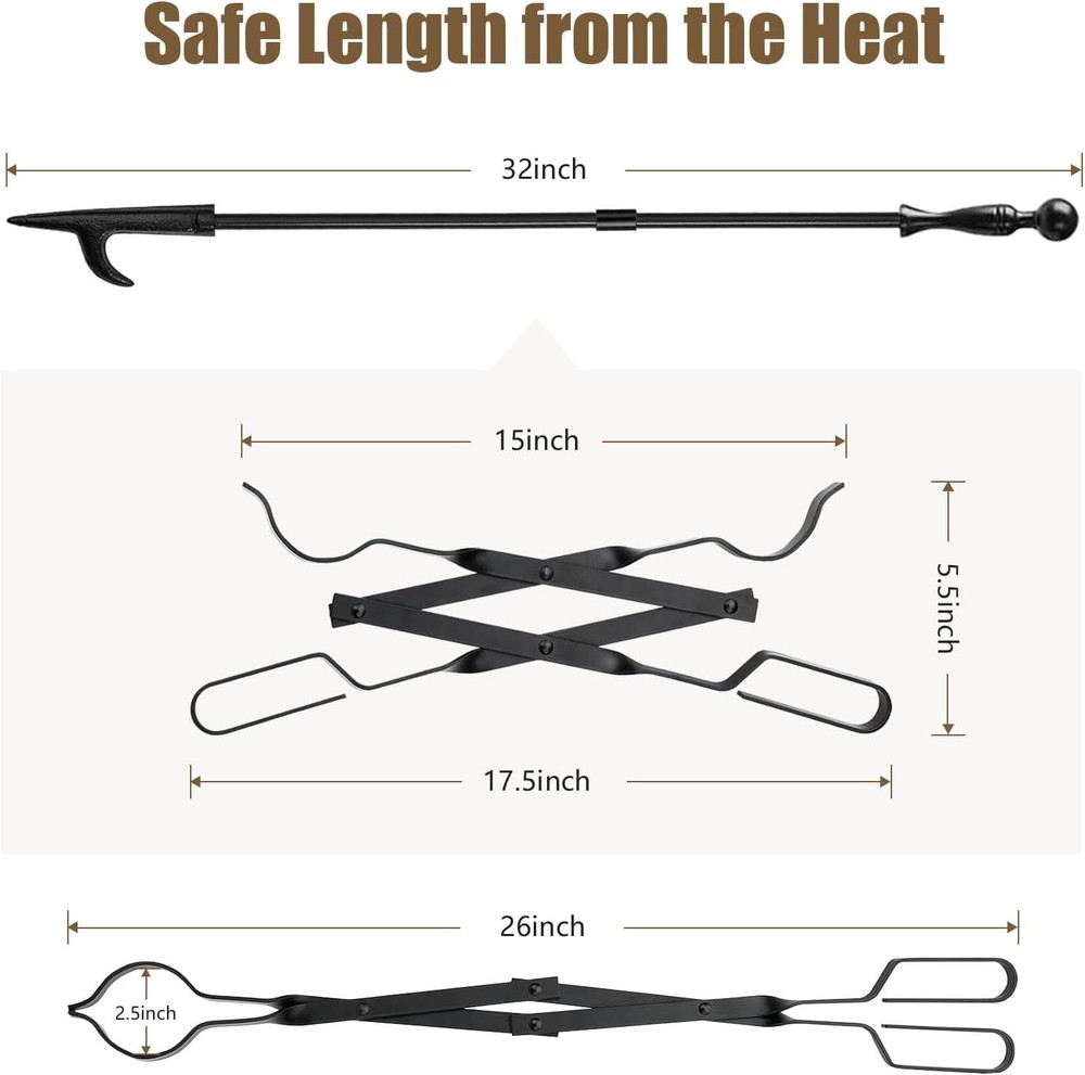 32" Fire Pit Poker & 26" Fireplace Tongs Set, Heavy Duty Rustproof Iron