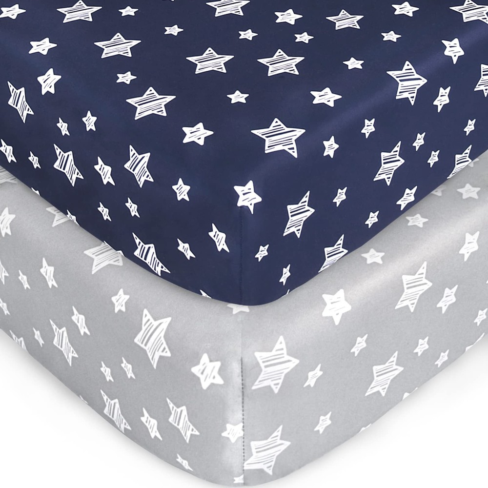 2 Pack Fitted Crib Sheets, Standard Size, Soft, Breathable, Grey, Navy