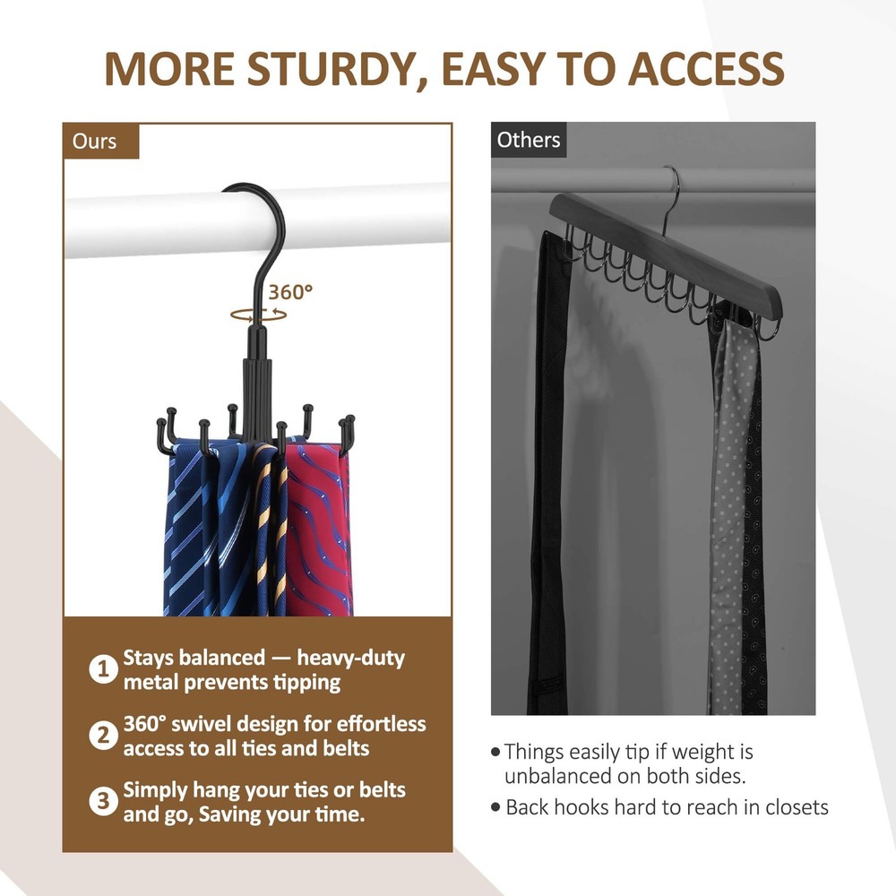 Tie Hanger for Closet, 2 Pack Rotatable Tie Organizer for Men with 16 Hooks, ...
