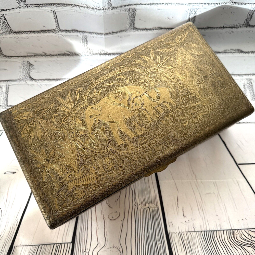 HAND TOOLED ENGRAVED SOLID BRASS STASH BOX CHEST ELEPHANT OX LION ELK HUNTER