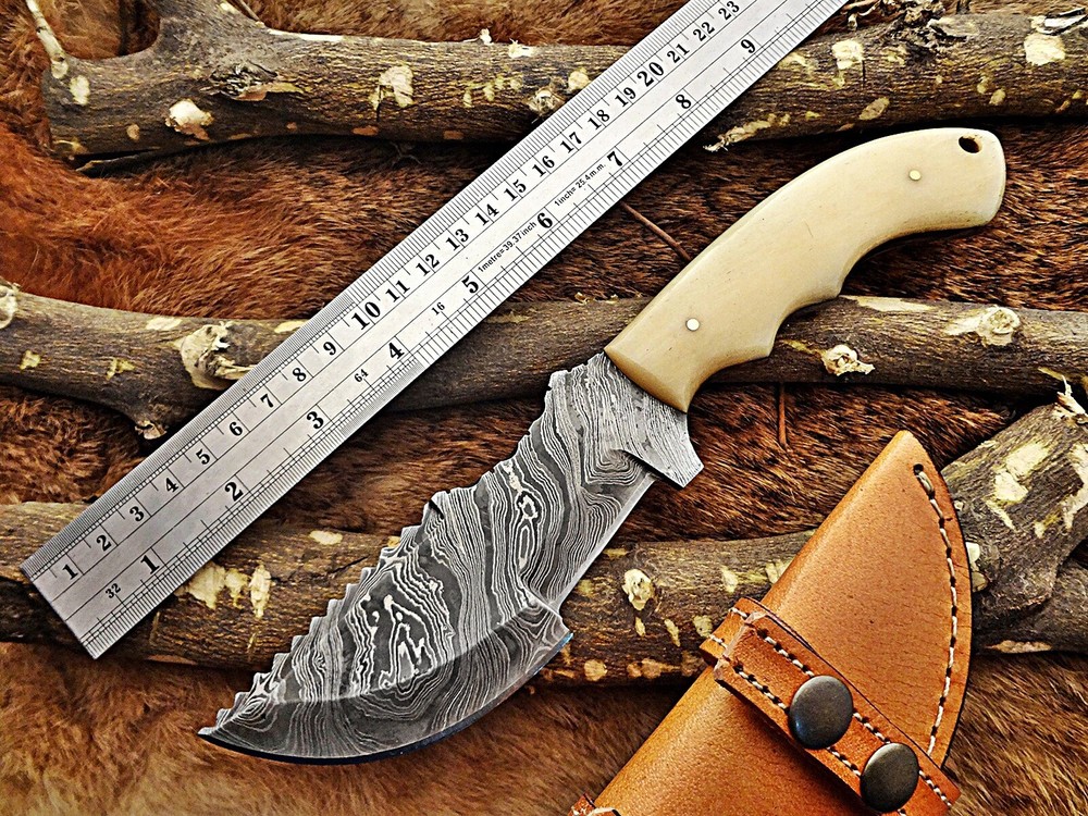 10" Long tracker Knife, Damascus steel Blade, Bone scale, Leather sheath