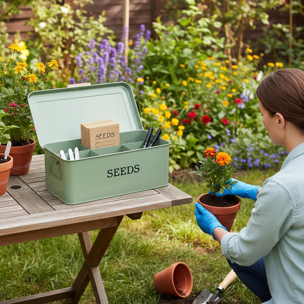 Seed Storage Organizer,Metal Seed Saving Box with Lid,4 Compartments Box with...