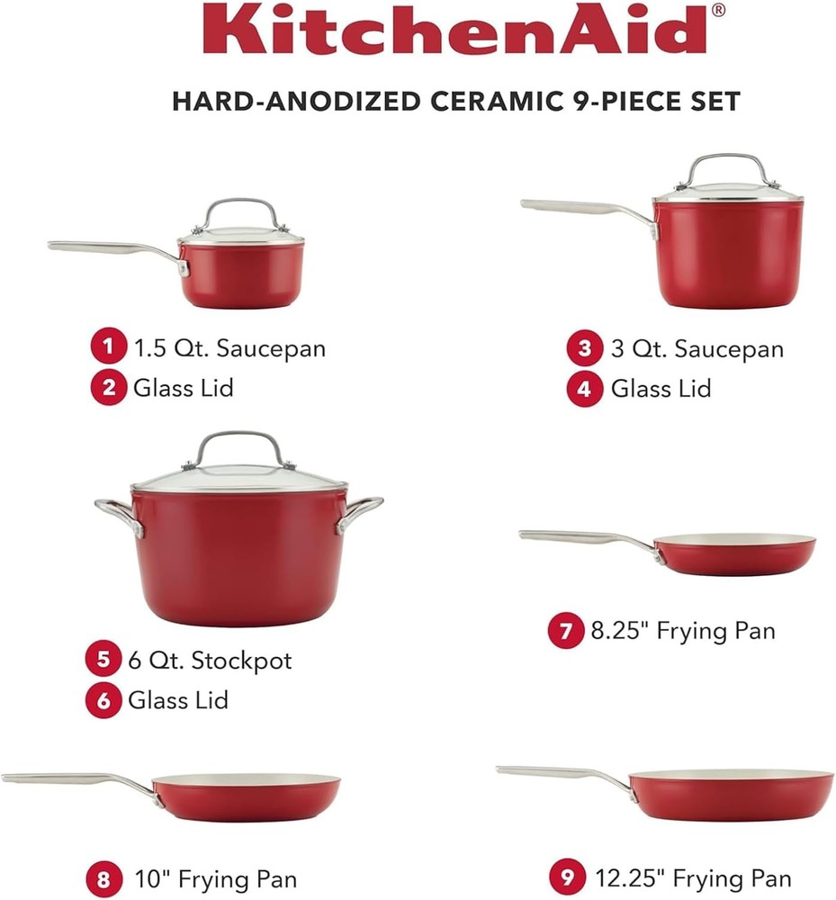 KitchenAid Hard Anodized Ceramic 9-Piece Nonstick Cookware Set – Includes Fry