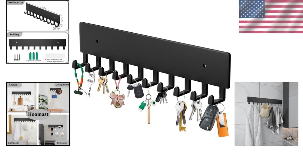 Key Holder Wall Mount with 10 Hooks - Key Rack Organizer for Entryway, Kitchen &