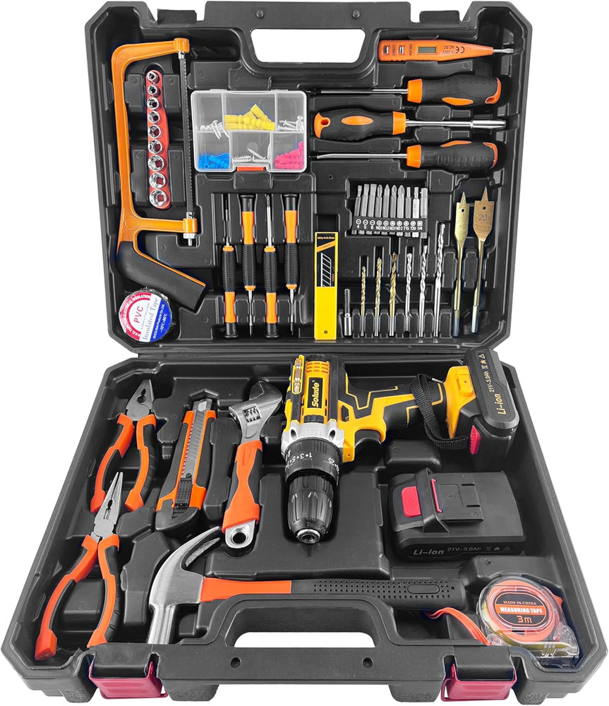 Tool Set with Drill,21V Cordless Power Drill Tool Box with 2 Battery,Electric Dr