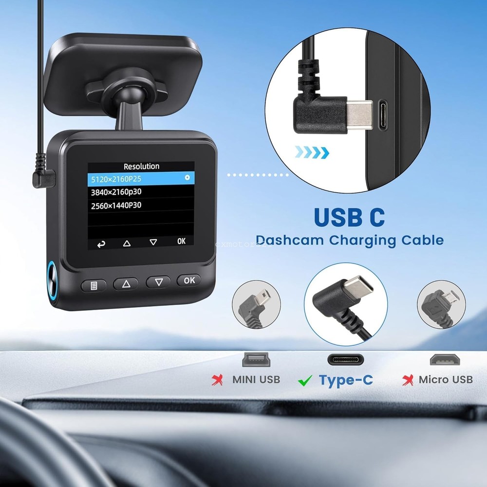 Dash Cam Charging Power Cable w/ USB Type C 13FT 90 Degree Angle for Dashboard