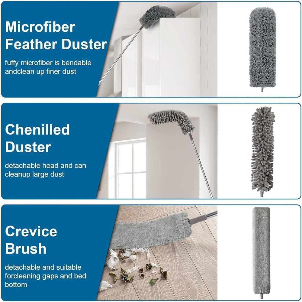 7 Pcs Microfiber Feather Duster Kit 100in Telescopic Pole Extendable