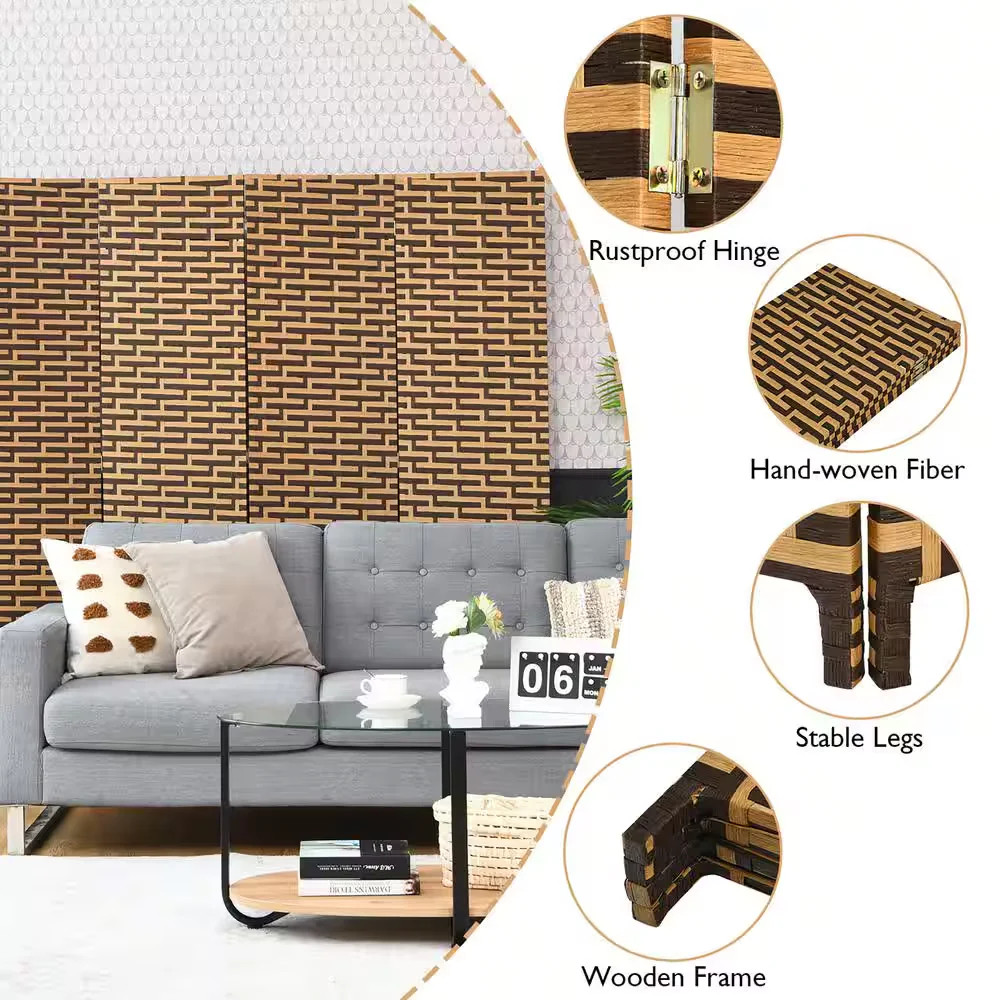 6ft Tall 4-Panel Yellow Folding Room Divider Weave Privacy Screen