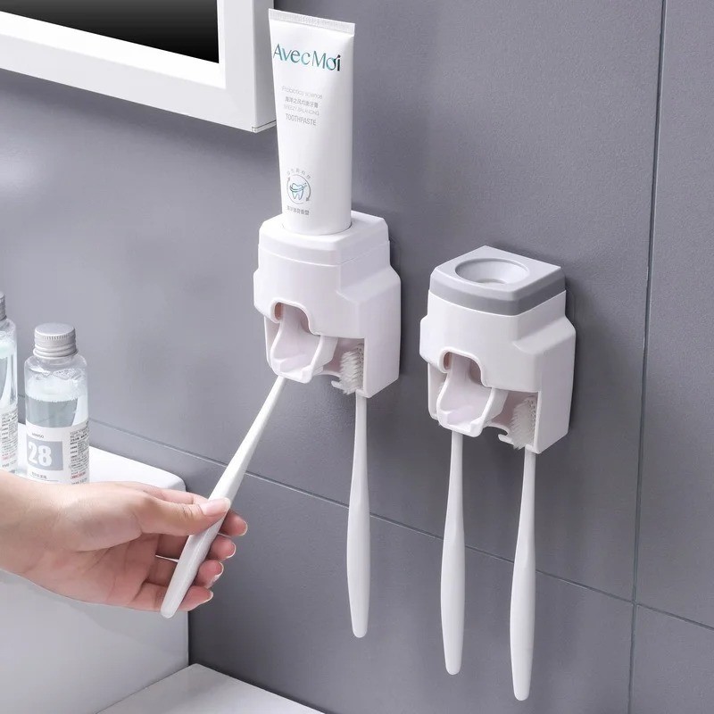 Automatic Toothpaste Dispenser Set Wall-Mounted Extruder Plastic No-Punch Lazy M