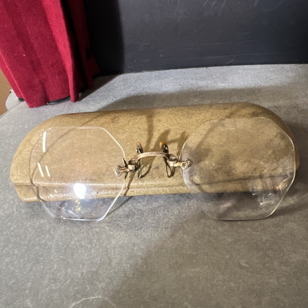 Antique rimless gold filled eyeglasses with case