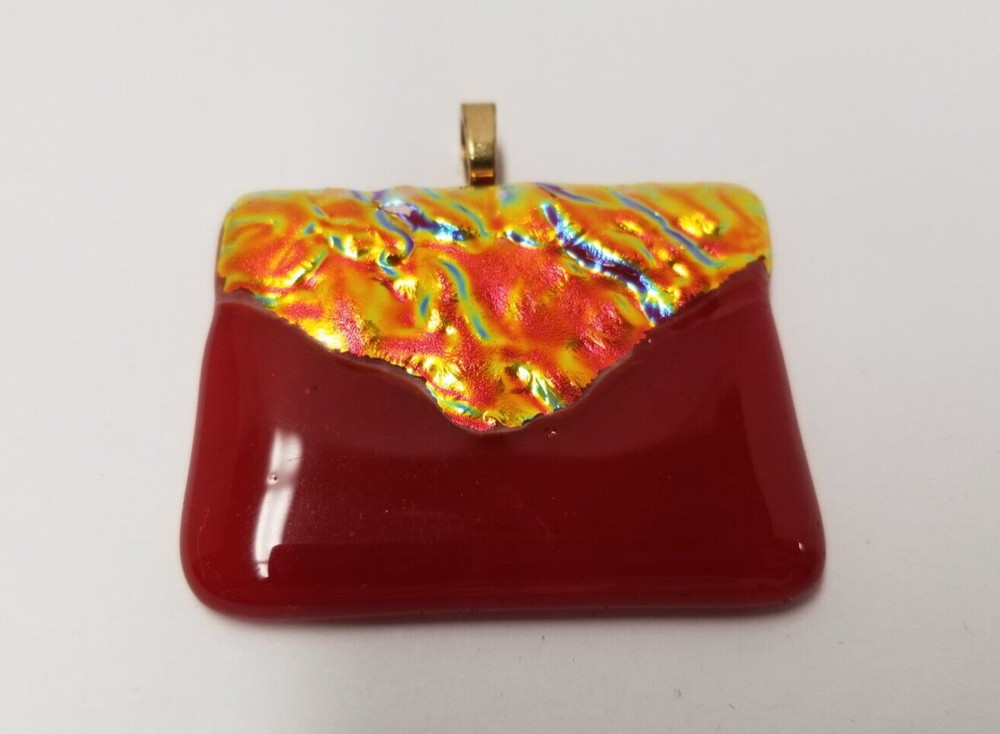 "Burning Up" Multi Colored Dichroic Fused Red Glass Rectangle Pendant