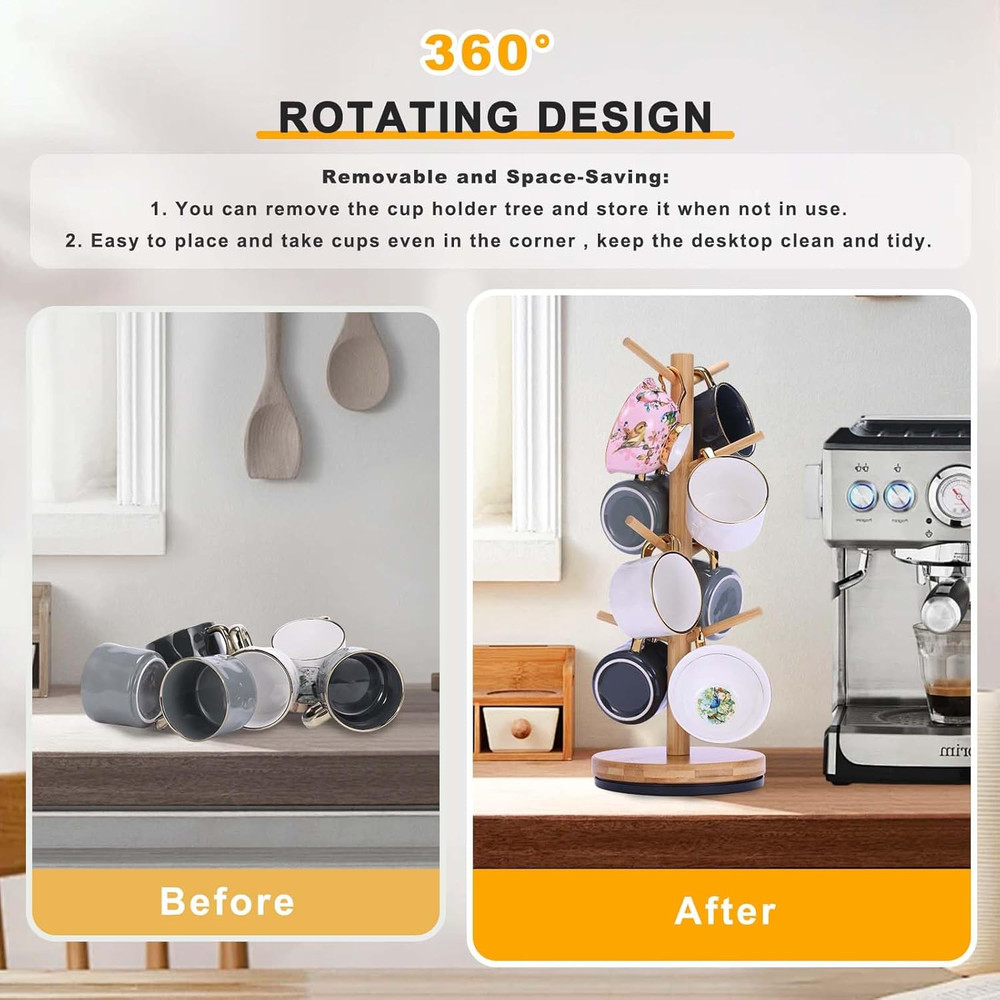 Mug Holder Tree Upgraded 360° Rotated 8 Hooks Coffee Holders for Counter Bamboo