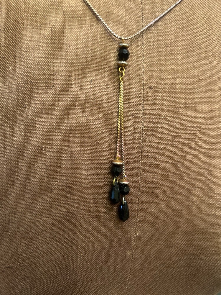 1960s Black Onyx Bead Statement 9" Drop Necklace Silvertone