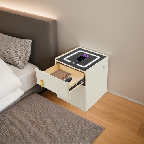 White Wireless Charging Bedside Cabinet w/Lock Bluetooth Speaker Bedside Table