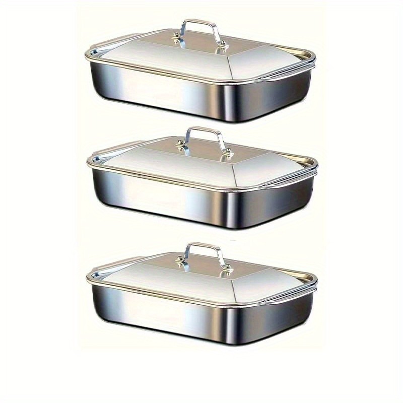 2 /3 PCS Set of Deep Pan Stainless Steel and Handle-Lid Rectangular Baking Pan