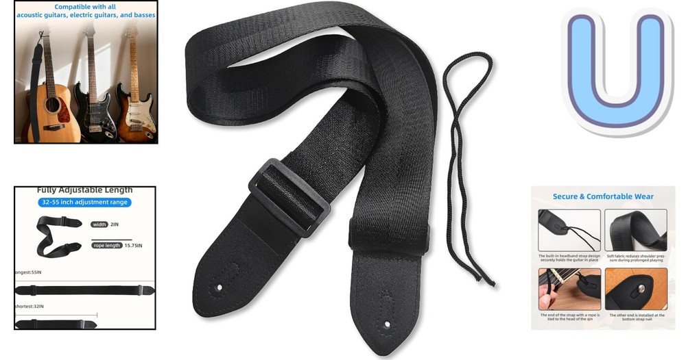 Durable Universal Black Guitar Strap: Lightweight, Adjustable & Comfortable Fit
