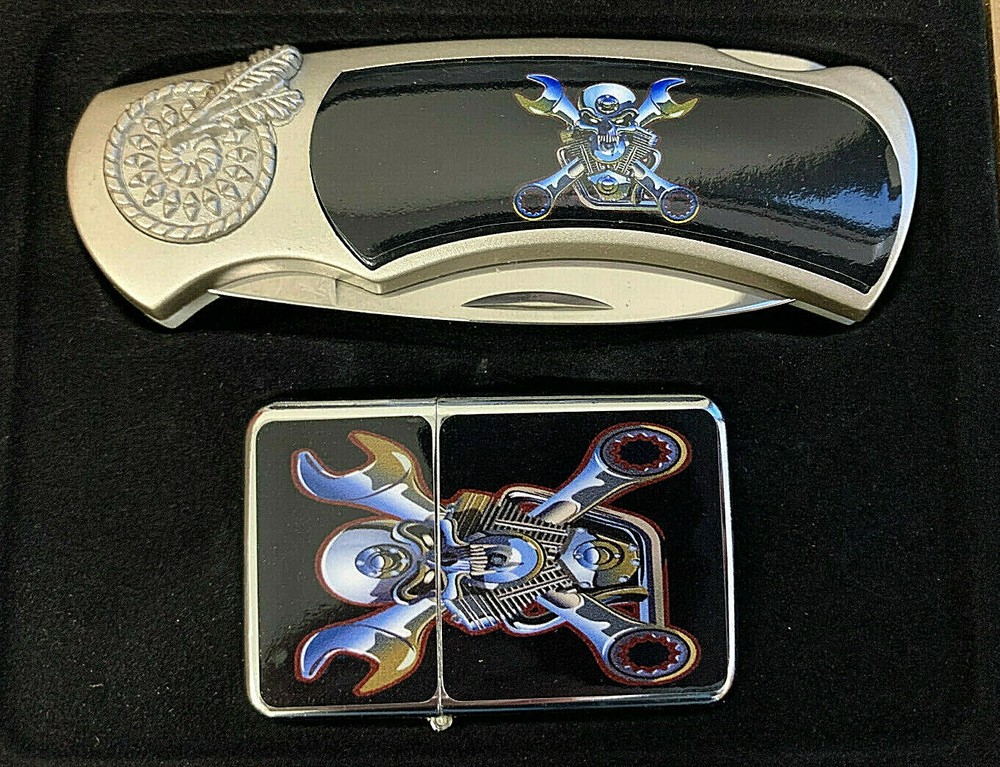 SKULL & TOOLS CROSS BONES IMAGE KNIFE AND OIL LIGHTER GIFT SET