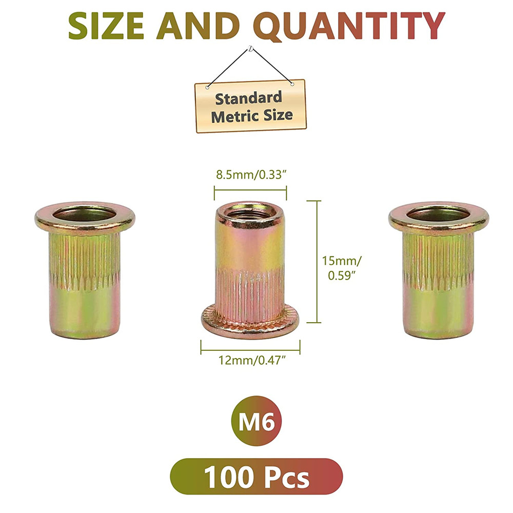 100Pcs M6 Rivet Nuts, M6 Flat Head Rivnut Threaded Insert Nuts with Knurled Body