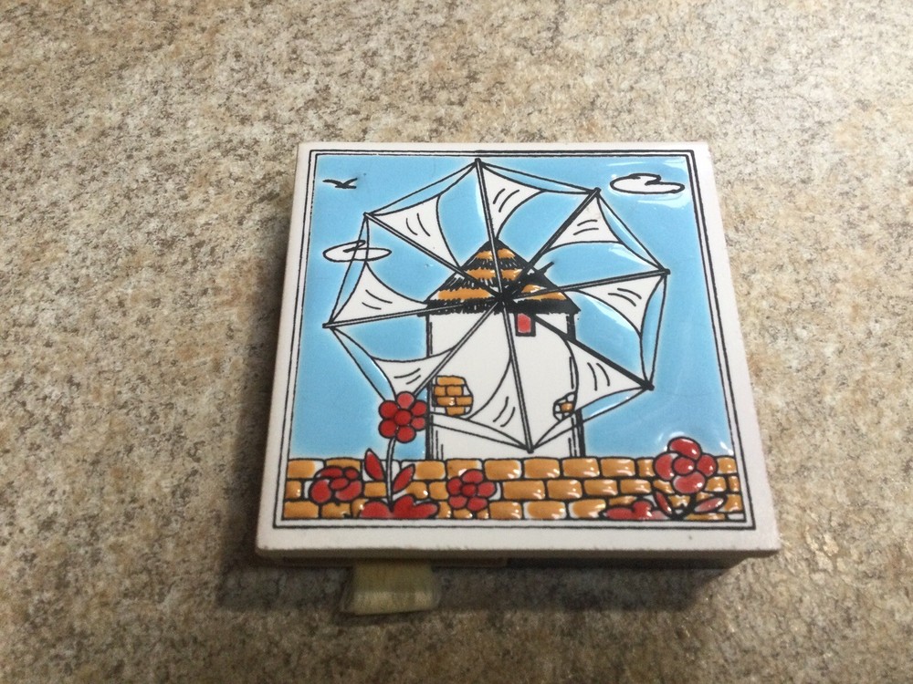 Vintage Holland Ceramic Tile Double Matchbox Holder Windmill