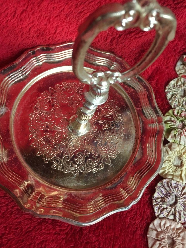 Vtg Silverplate Candy Dish Round with Tall Handle Etched Decorative Scalloped