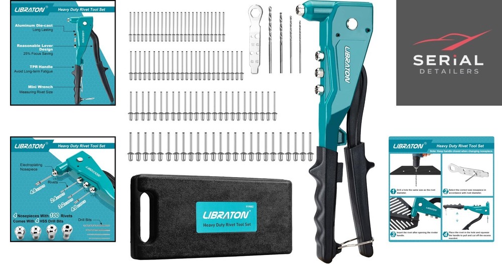 Professional Pop Rivet Gun with 4 Interchangeable Heads & 110 Versatile Rivets