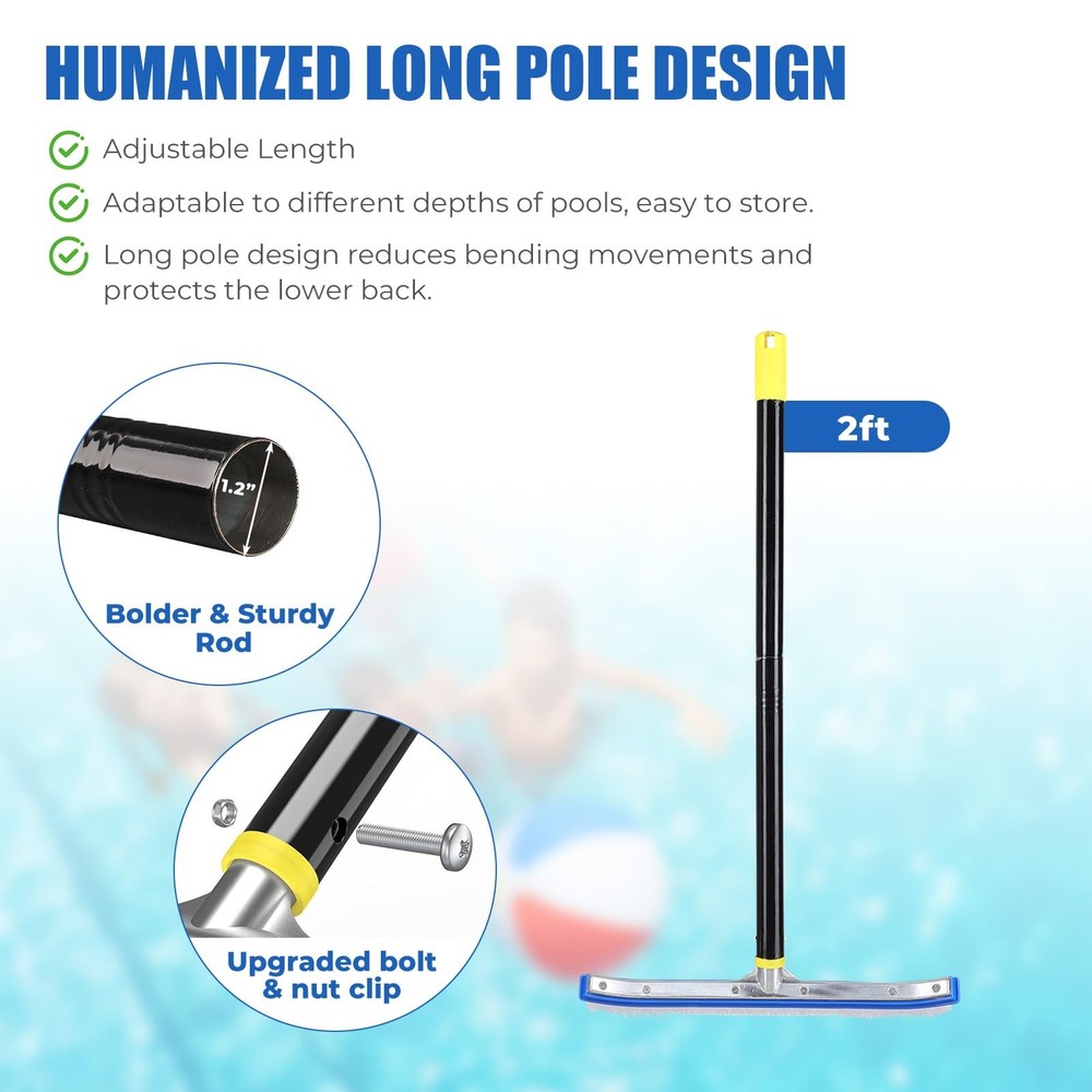 Pool Brush with Adjustable Rustproof Metal Pole - 2 FT Pool Scrubber for Abov...