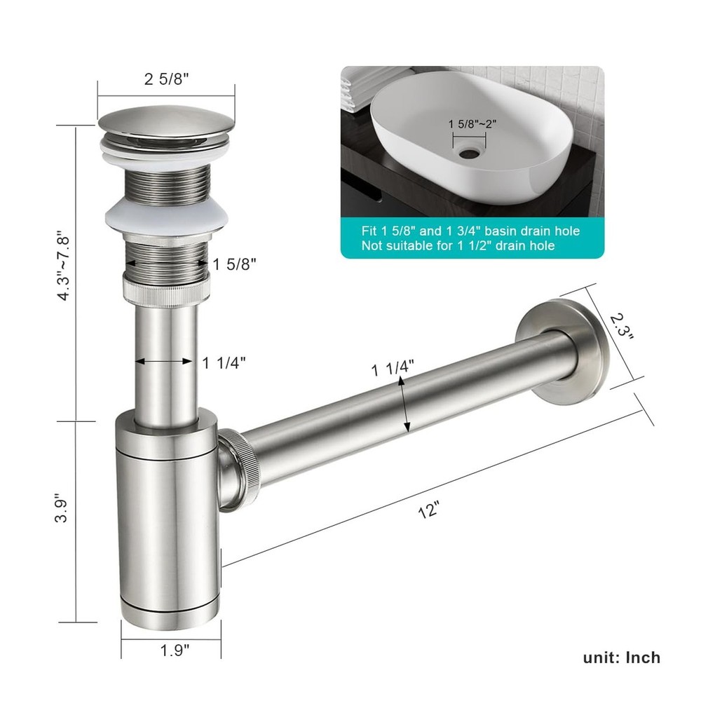 Solid Brass Bathroom Sink P-Trap Complete Set, Adjustable 1-1/4 Bottle Trap w...