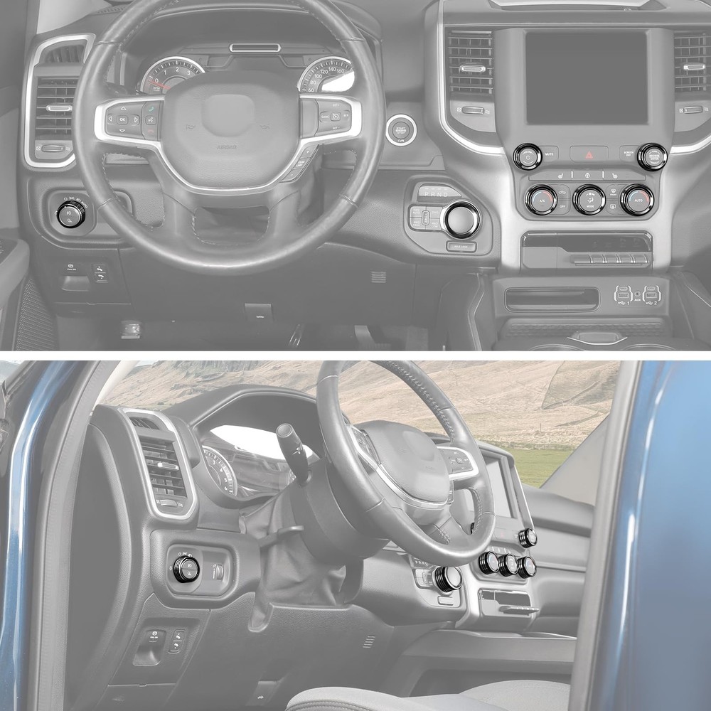 "Black AC Knobs & Switch Covers for 20182025 Dodge RAM Aluminum Trim"