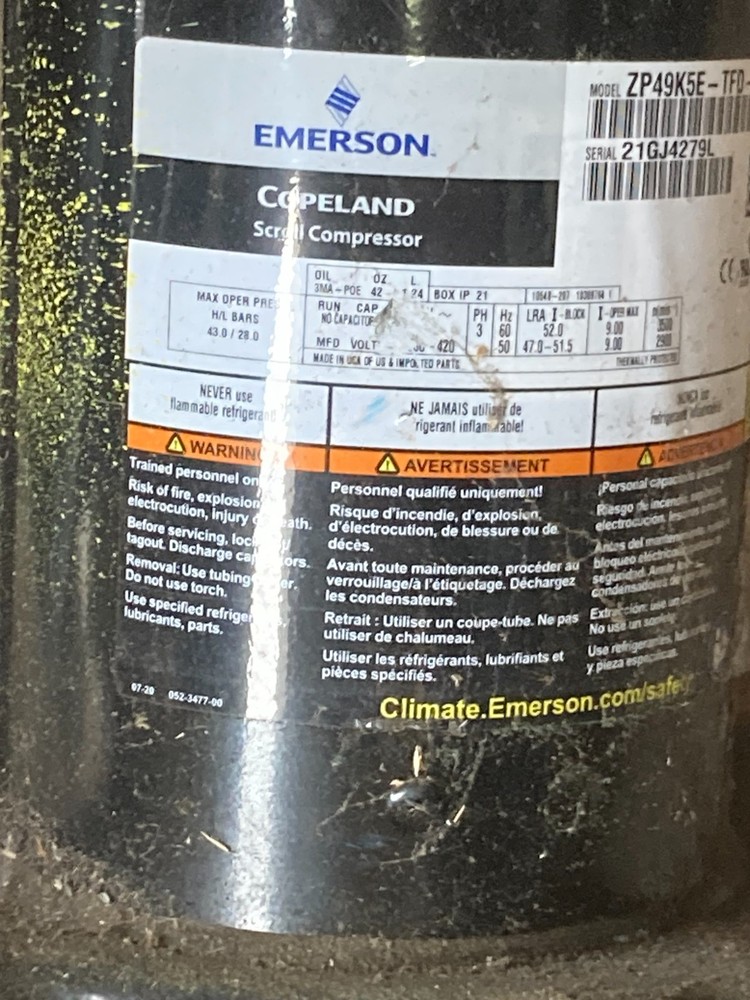 Copeland (MODEL: ZP49K5E‑TFD‑800) High‑Efficiency Scroll Compressor