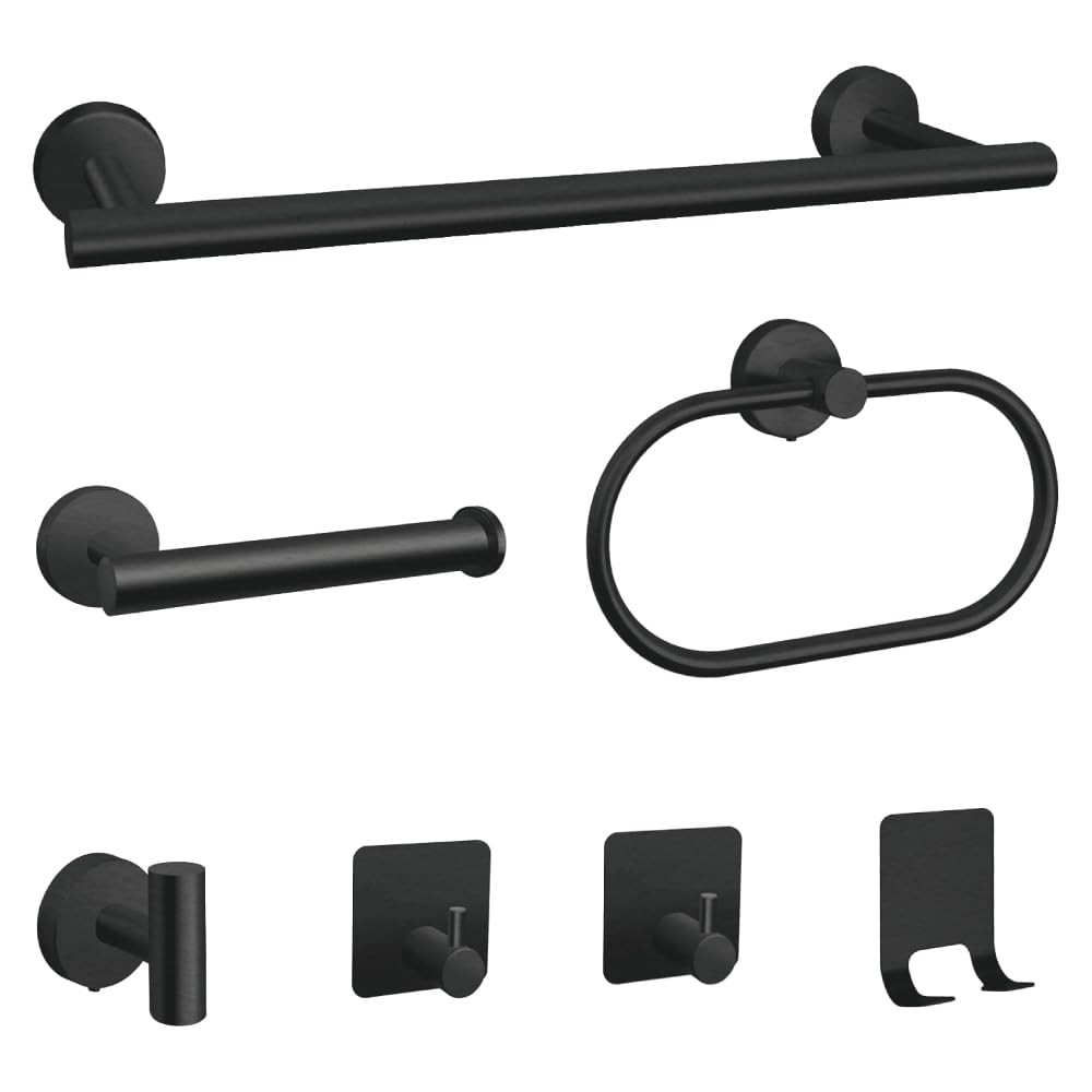 7-Piece Bathroom Accessory Set self-Adhesive Brushed Black Bathroom Hardware,...