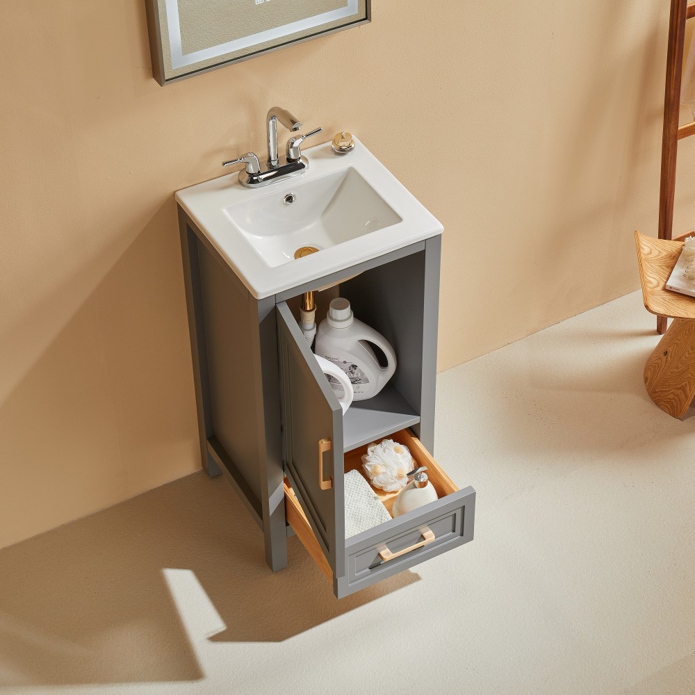 18" Freestanding Bathroom Vanity w/ Top Solid Wood Gray Fully Assembled