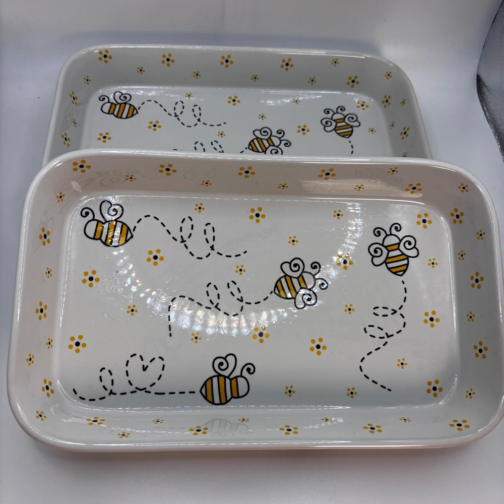 Temp-tations Bee Baking Dish Set 2 Rectangular Casserole 0.75 Qt Oven Safe