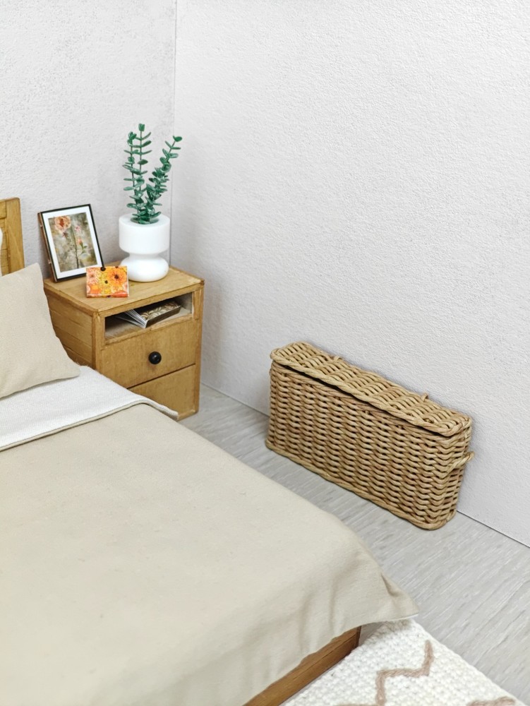 1:12 dollhouse wicker oversized rectangular narrow storage lidded basket