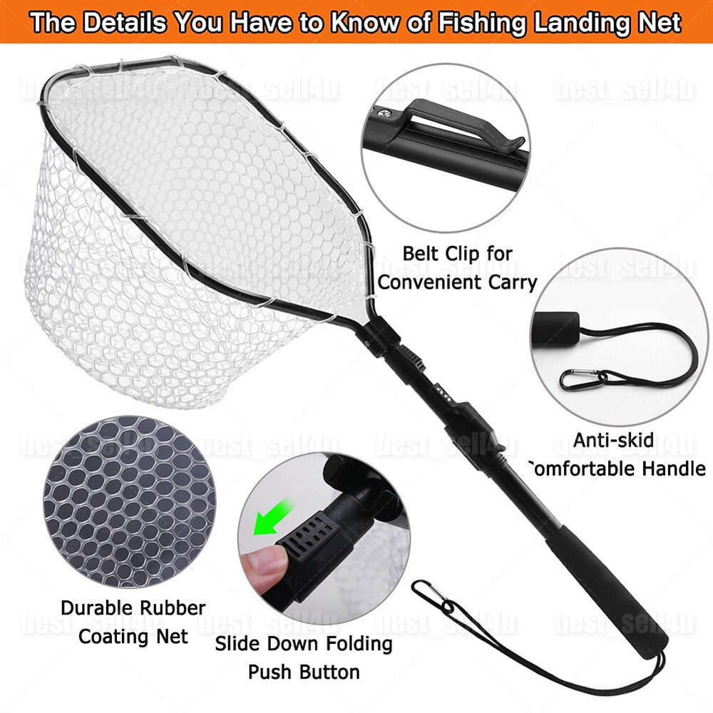 Fly Fishing Landing Net Trout Telescoping Foldable Rubber Mesh Catch Release Net